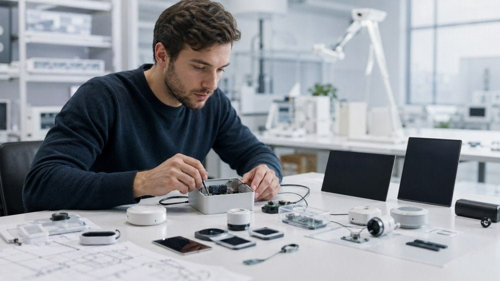 Engineers reviewing custom solar panel prototypes in a bright product development workspace