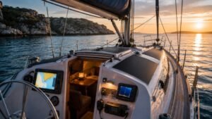 Semi-flexible solar panel mounted on a boat deck
