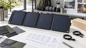 OEM foldable solar charger prototype with cable, material, and product-development samples