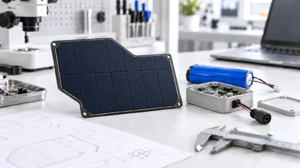 Custom monocrystalline solar panel with a matte embossed ETFE surface in an engineering lab