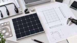 Custom-size monocrystalline solar panel with dimensional drawing, caliper, and cable samples