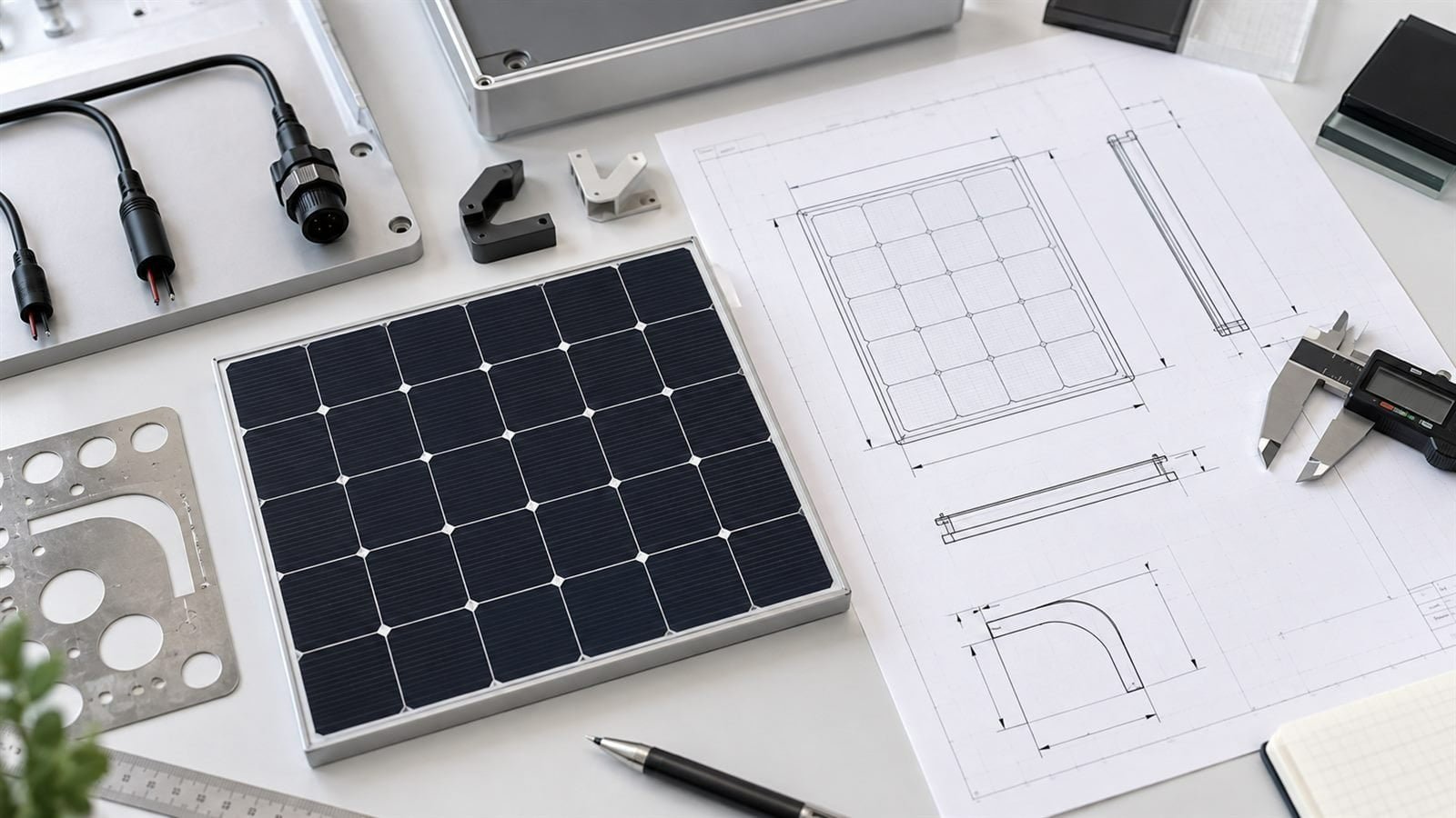Custom-size monocrystalline solar panel with dimensional drawing, caliper, and cable samples