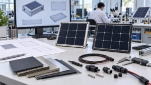 Custom solar panel prototypes, material samples, cables, and drawings in a development lab