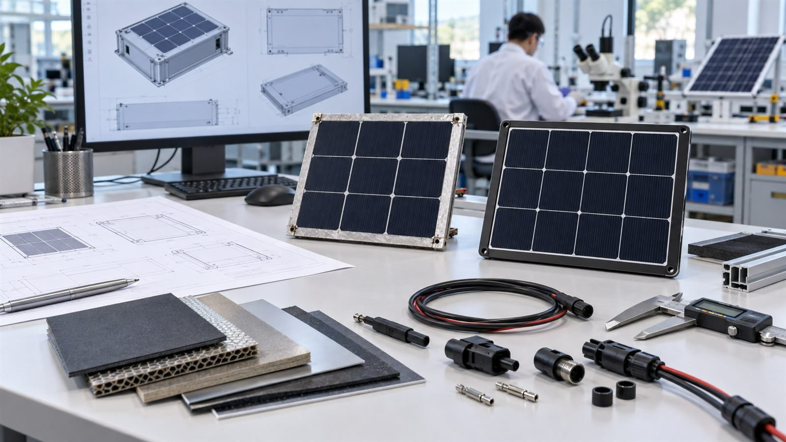 Custom solar panel prototypes, material samples, cables, and drawings in a development lab