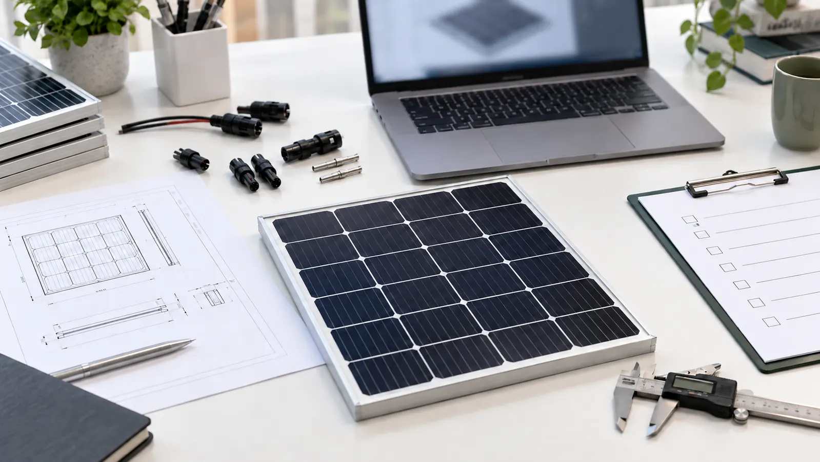 Custom solar panel RFQ review with a prototype, engineering drawing, connectors, and calipers