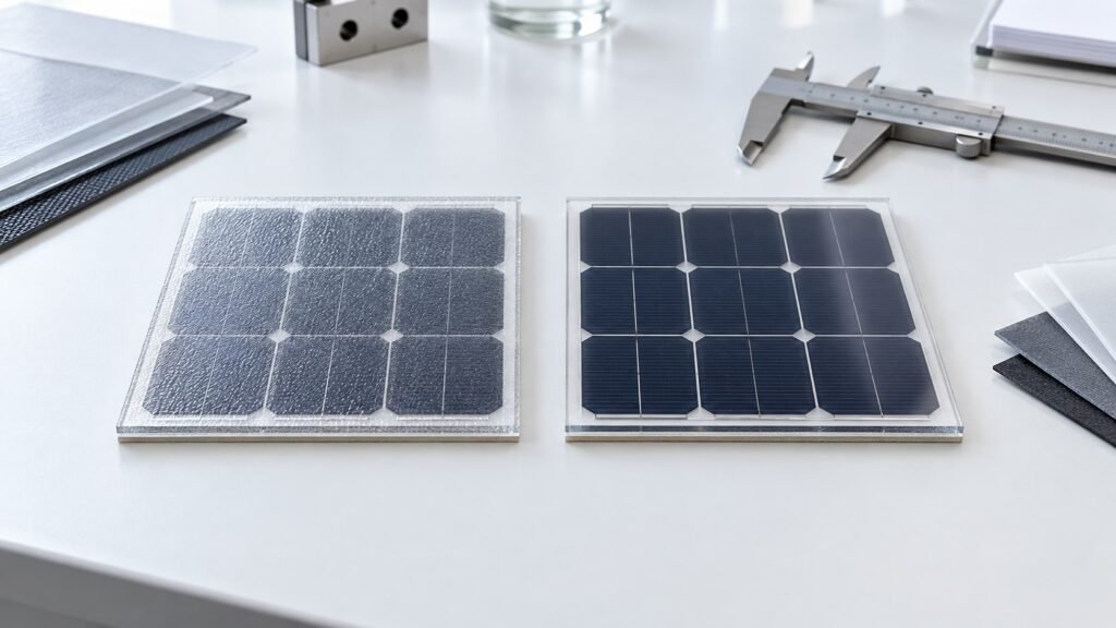 ETFE and PET solar panel laminate samples compared on an engineering workbench