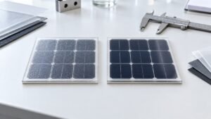 ETFE and PET solar panel laminate samples compared on an engineering workbench