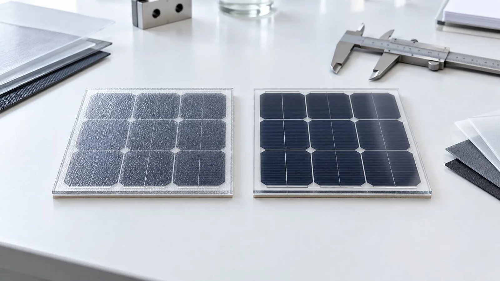 ETFE and PET solar panel laminate samples compared on an engineering workbench