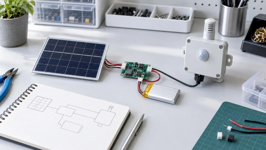 IoT sensor prototype with custom solar panel, battery, and power-management electronics