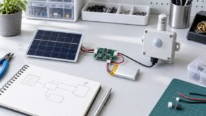 IoT sensor prototype with custom solar panel, battery, and power-management electronics