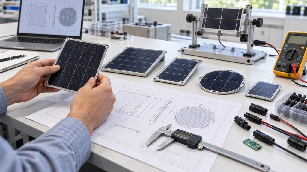 Engineer evaluating custom solar panel prototypes and CAD drawings at a test bench