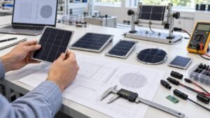 Engineer evaluating custom solar panel prototypes and CAD drawings at a test bench