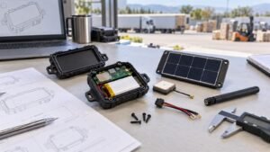 GPS asset tracker prototype with a small custom solar panel, battery, and antennas