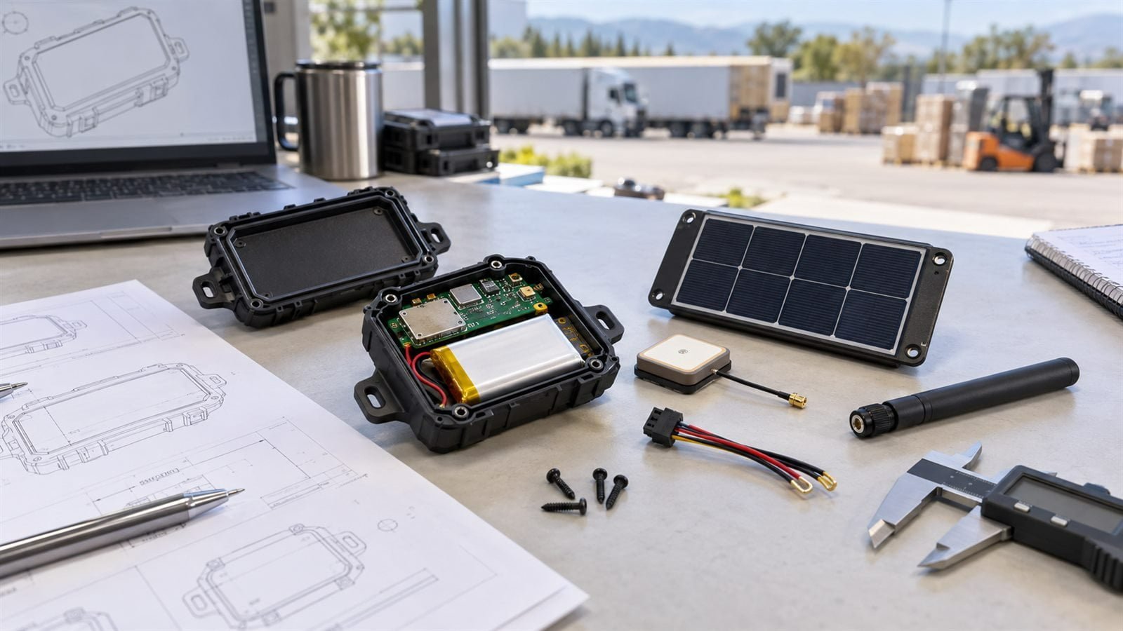 GPS asset tracker prototype with a small custom solar panel, battery, and antennas