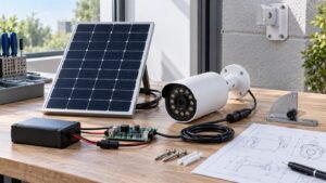 Outdoor security camera prototype with a solar panel, battery, and charging electronics