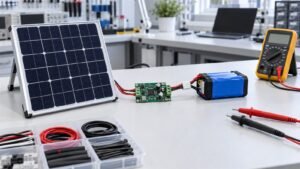 Solar panel, battery charging circuit, battery pack, and test equipment on an engineering bench