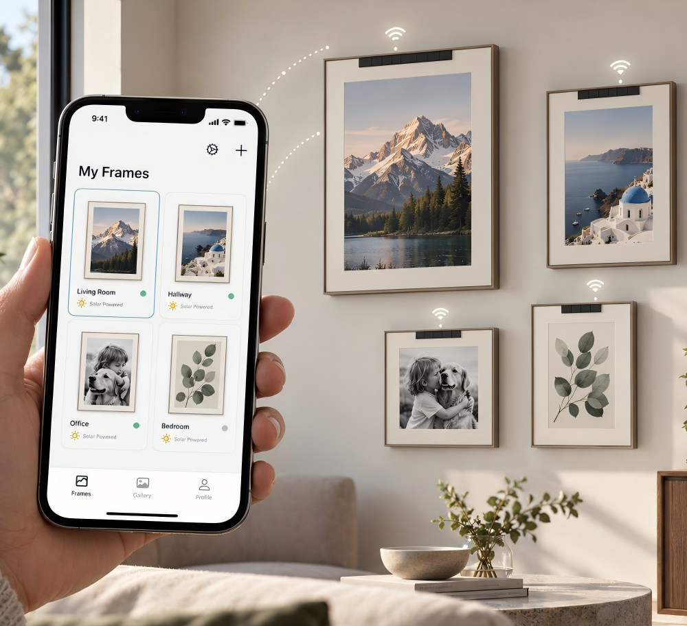 E-ink digital photo frame displaying a photograph