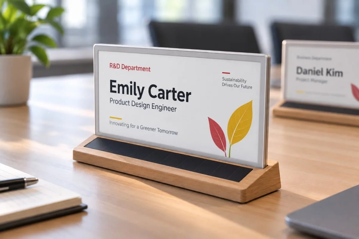 Illustrative solar-powered E-Ink desk nameplate concept in a workplace setting
