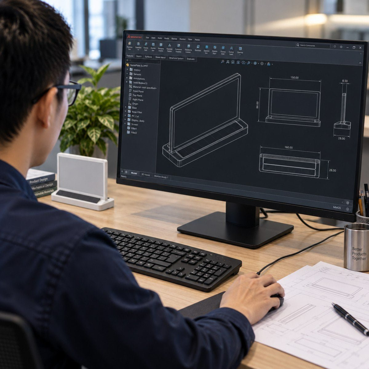 Engineer reviewing an illustrative solar-powered E-Ink nameplate CAD design
