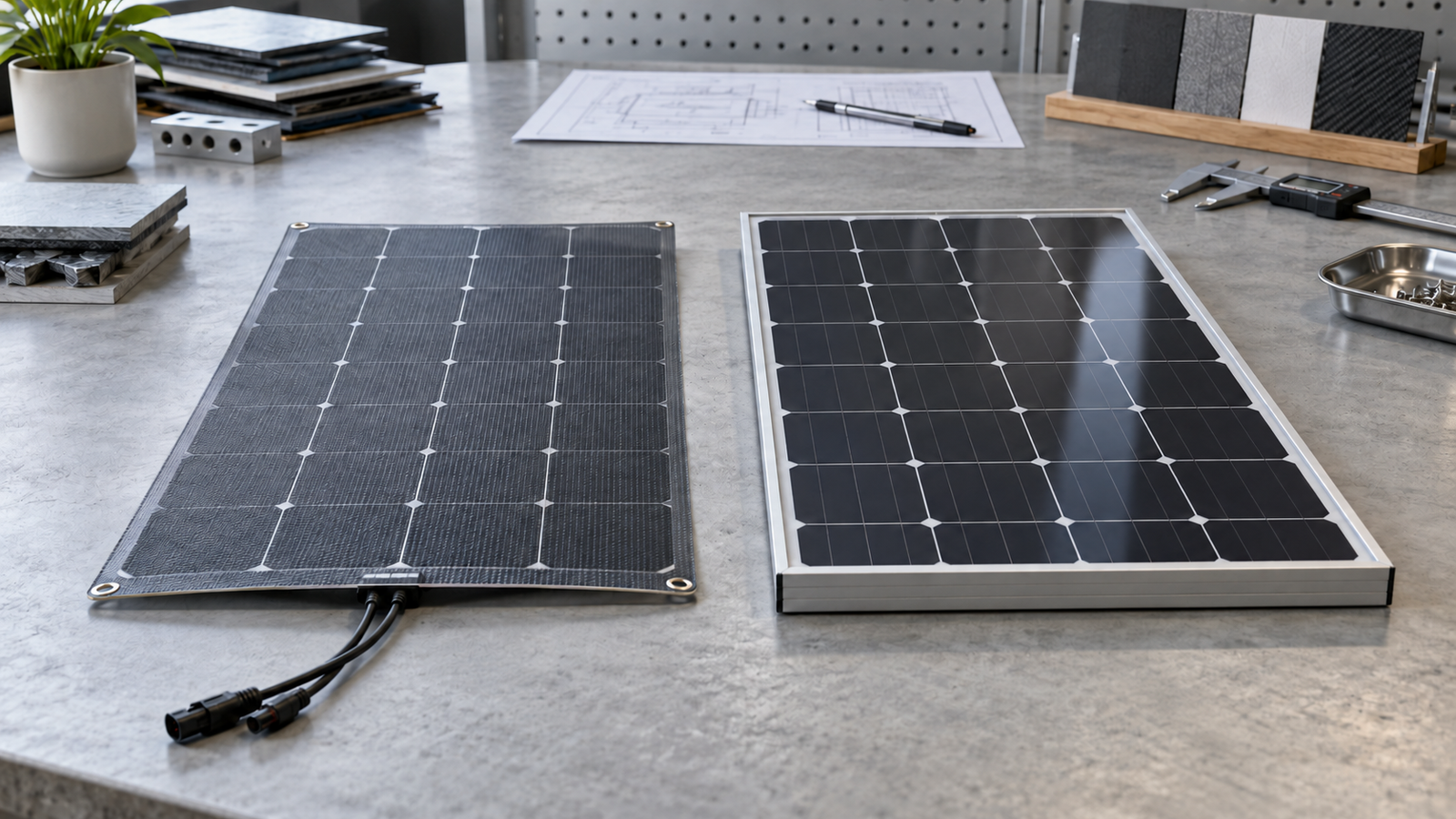 ETFE laminate beside a glass-front solar module with a clean front frame; the glass module uses a rear junction box