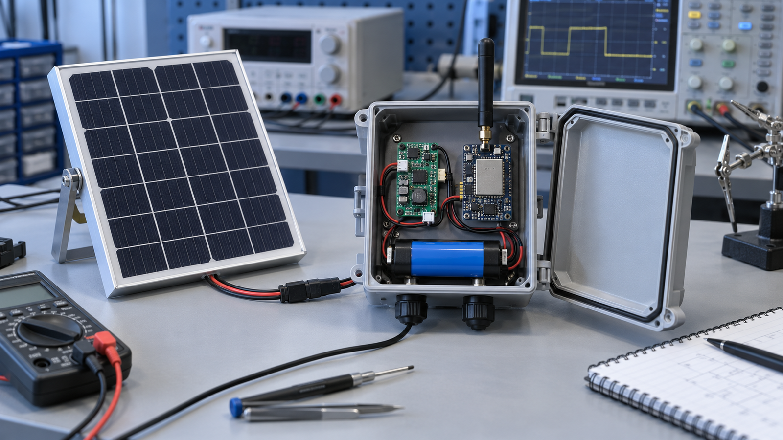 Engineer testing a wireless sensor node connected to a small solar panel, battery and power-management board