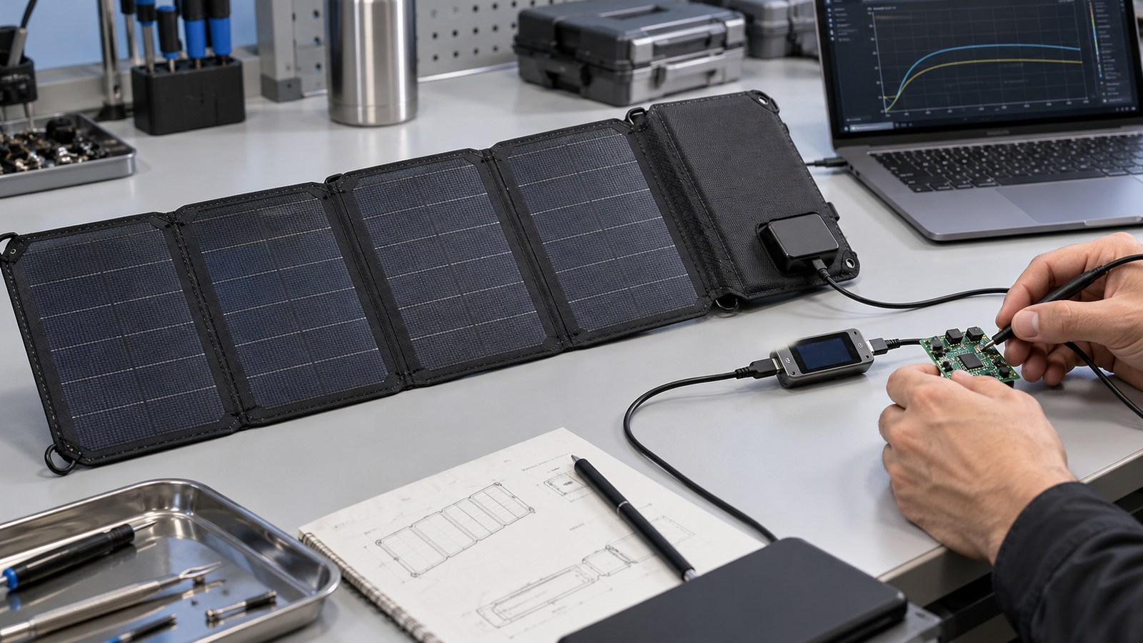 Engineer testing a compact foldable solar charger with a USB-C cable and power-delivery analyzer